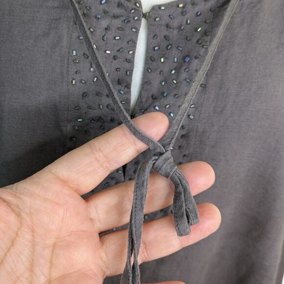 Eileen Fisher 100% Irish Linen Beaded Lagenlook Pullover Neck Tie Top Gray Large - Picture 5 of 9